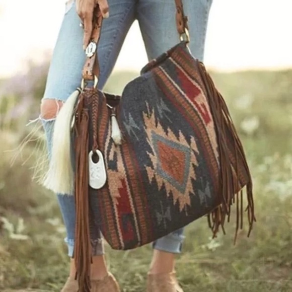 NWT SamaYe Boho Southwestern Vintage Style Multicolor Tote Leather Fringe Strap - Picture 14 of 14